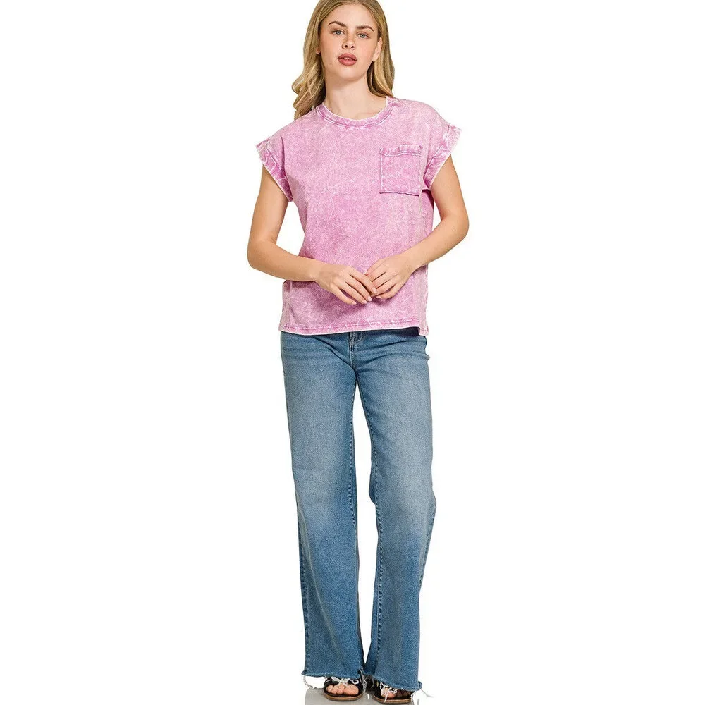 Zenana Full Size Crinkle Washed Round Neck Folded Short Sleeve Tee Plus Size